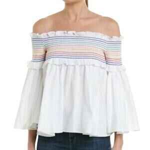Greyson Off-Shoulder White Crop Top with Rainbow Stripes
